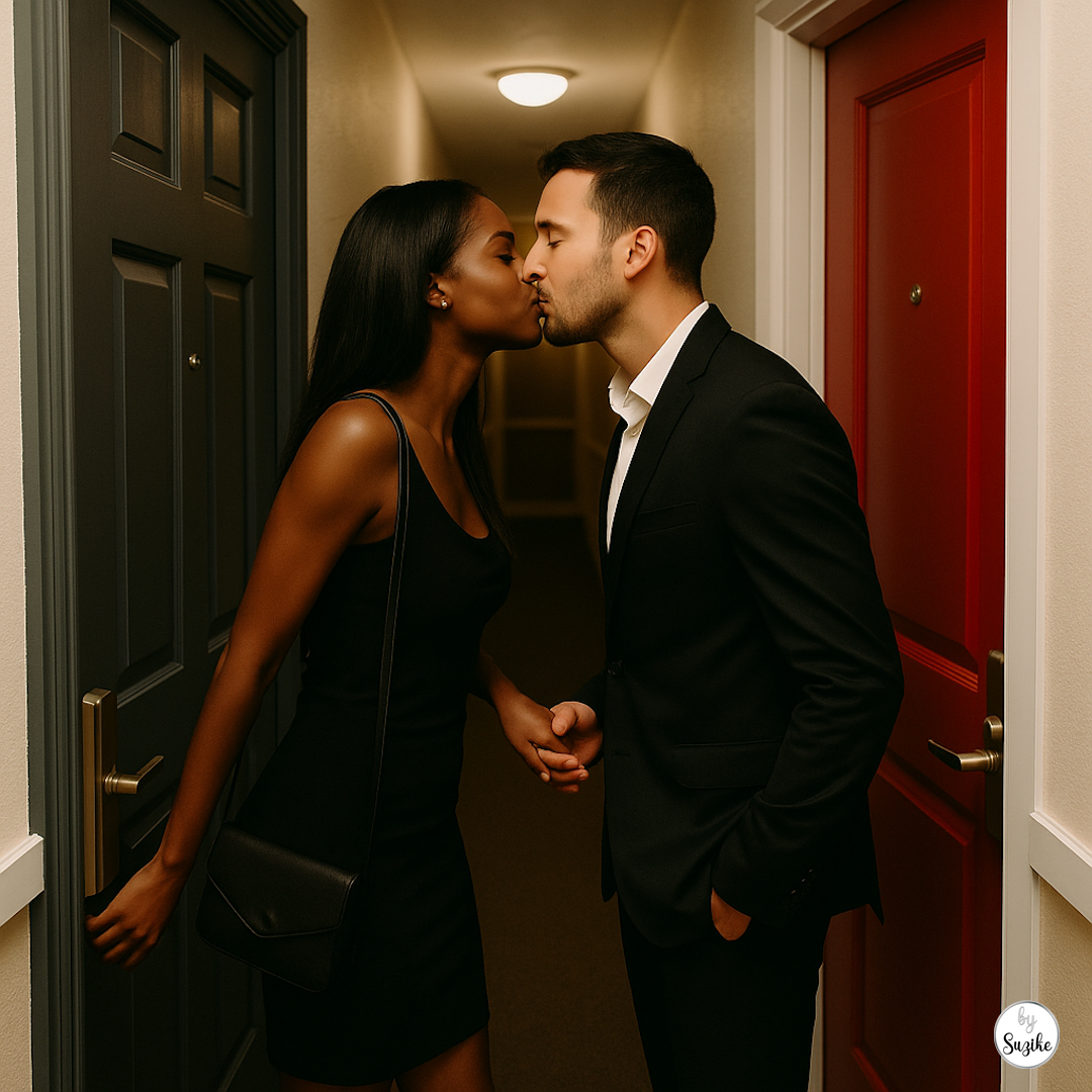 Elegant interracial couple kissing in the apartment hallway, symbolizing a living apart together relationship