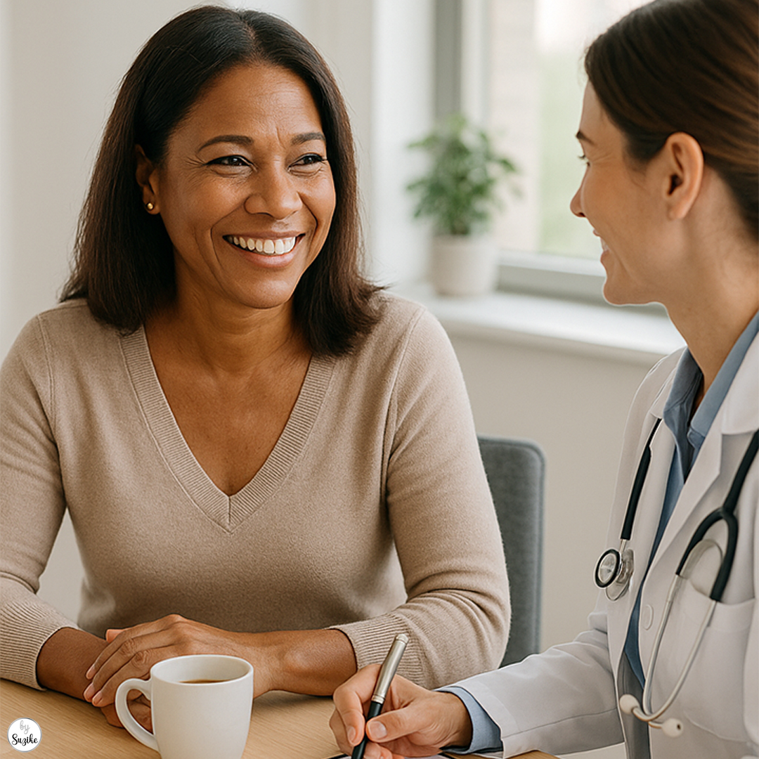 Routine doctor visits for women in their 40s: an African American woman smiles while talking to her female doctor during a friendly medical consultation, both sitting at a desk with coffee cups.