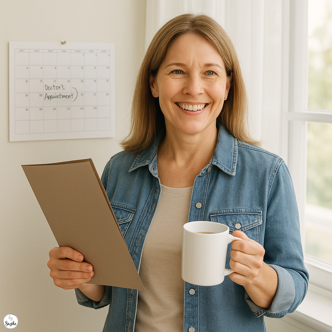 Routine doctor visits for women in their 40s: a smiling woman in her 40s holds a clipboard and coffee cup, preparing for a medical appointment in a bright office.