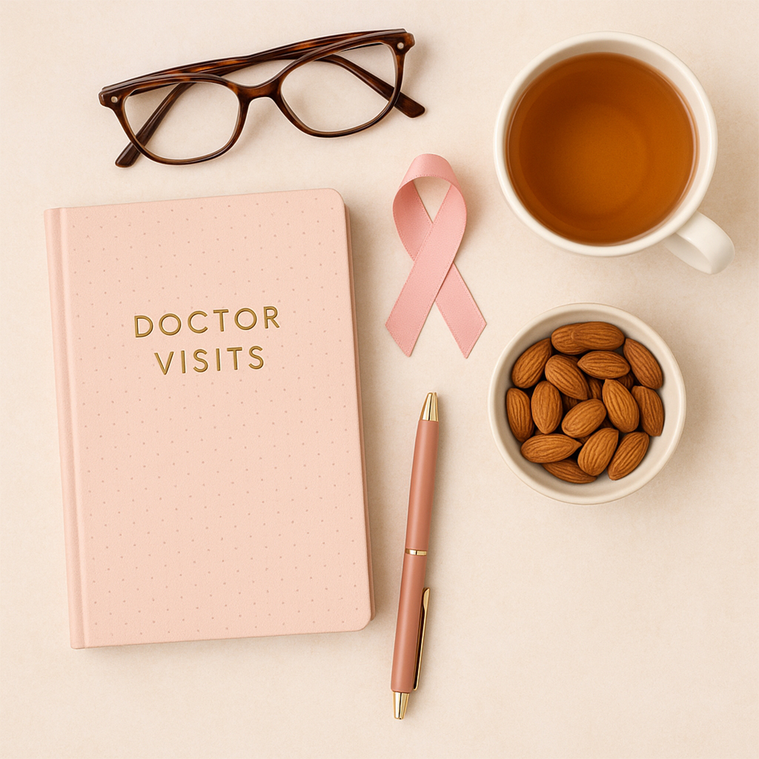 Routine doctor visits for women in their 40s: flat lay of a desk with a doctor visits notebook, pink breast cancer ribbon, glasses, tea, almonds, and a pen.