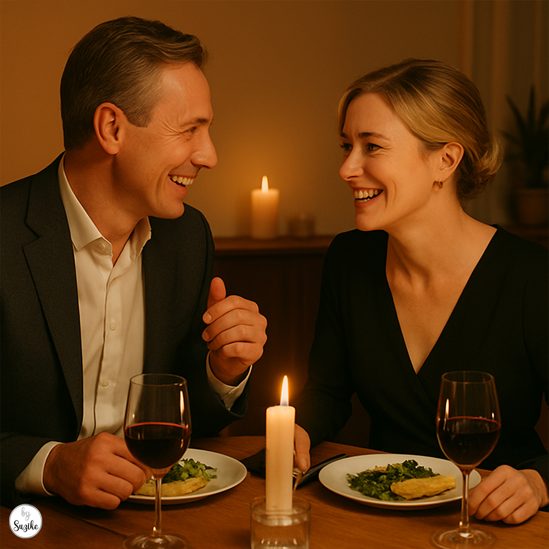 Happy couple enjoying a dinner together without phones, showing genuine connection beyond social media relationships