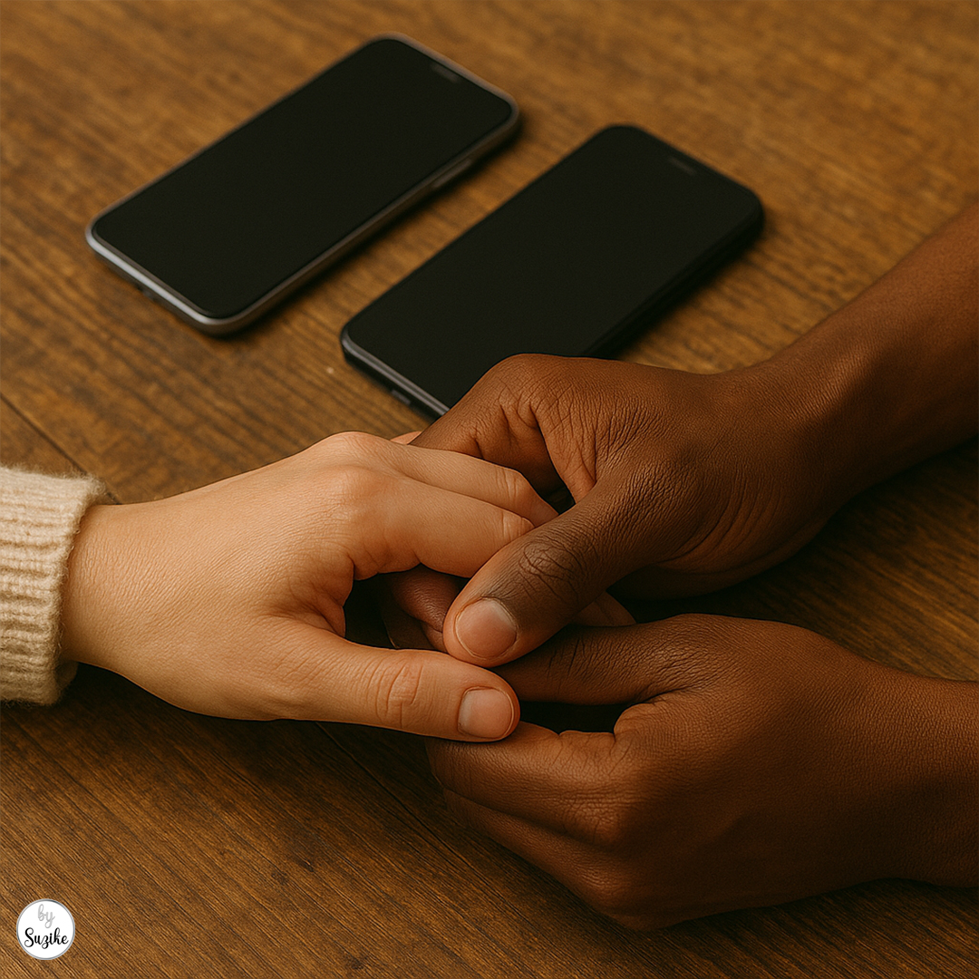 Couple holding hands with smartphones turned off, prioritizing real connection in social media relationships
