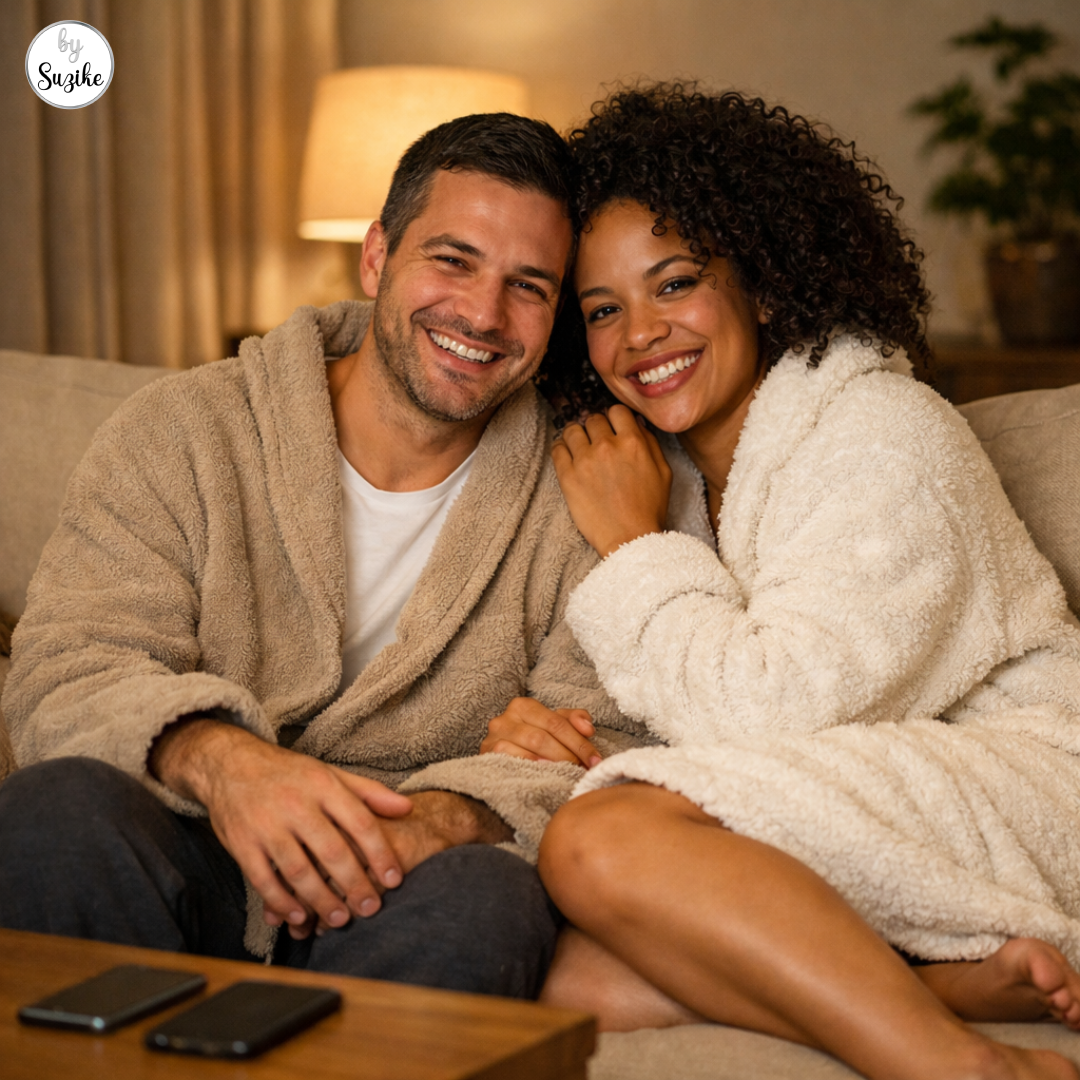 Interracial couple laughing and hugging on the sofa in robes, their phones far away, enjoying authentic social media relationships
