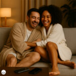 Interracial couple laughing and hugging on the sofa in robes, their phones far away, enjoying authentic social media relationships