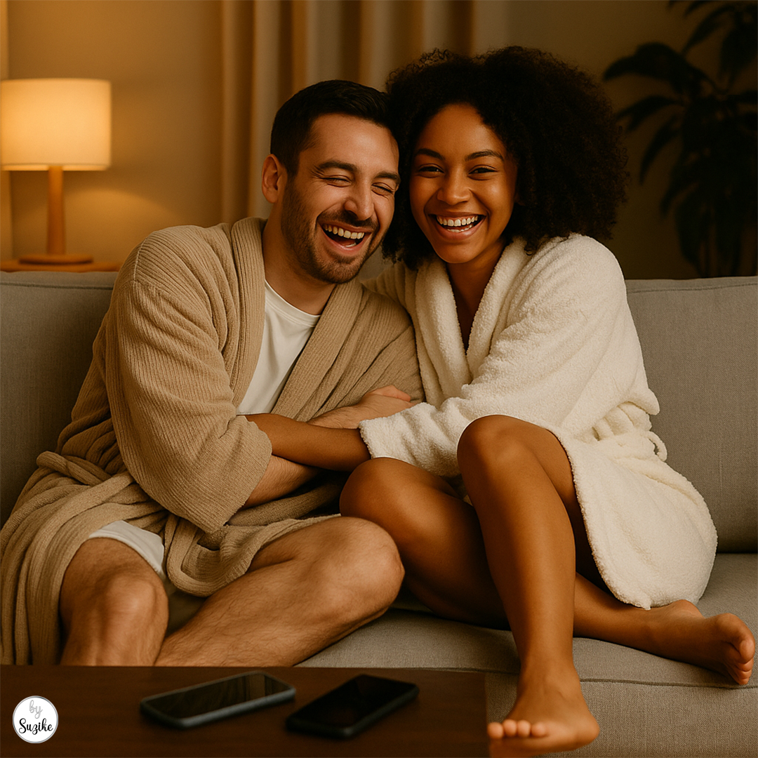Interracial couple laughing and hugging on the sofa in robes, their phones far away, enjoying authentic social media relationships