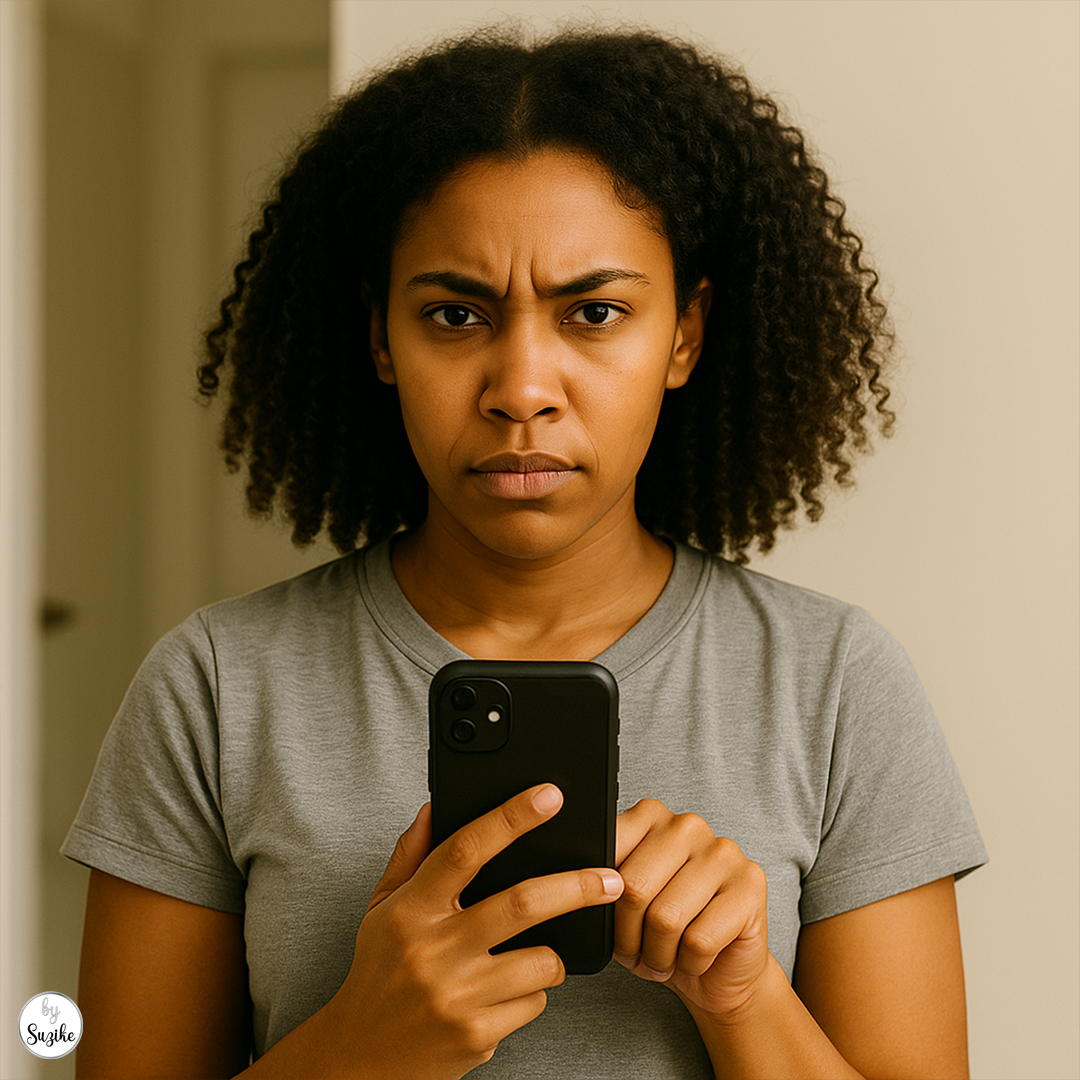 Determined woman with curly hair locking her smartphone, saying no to social media relationships pressure