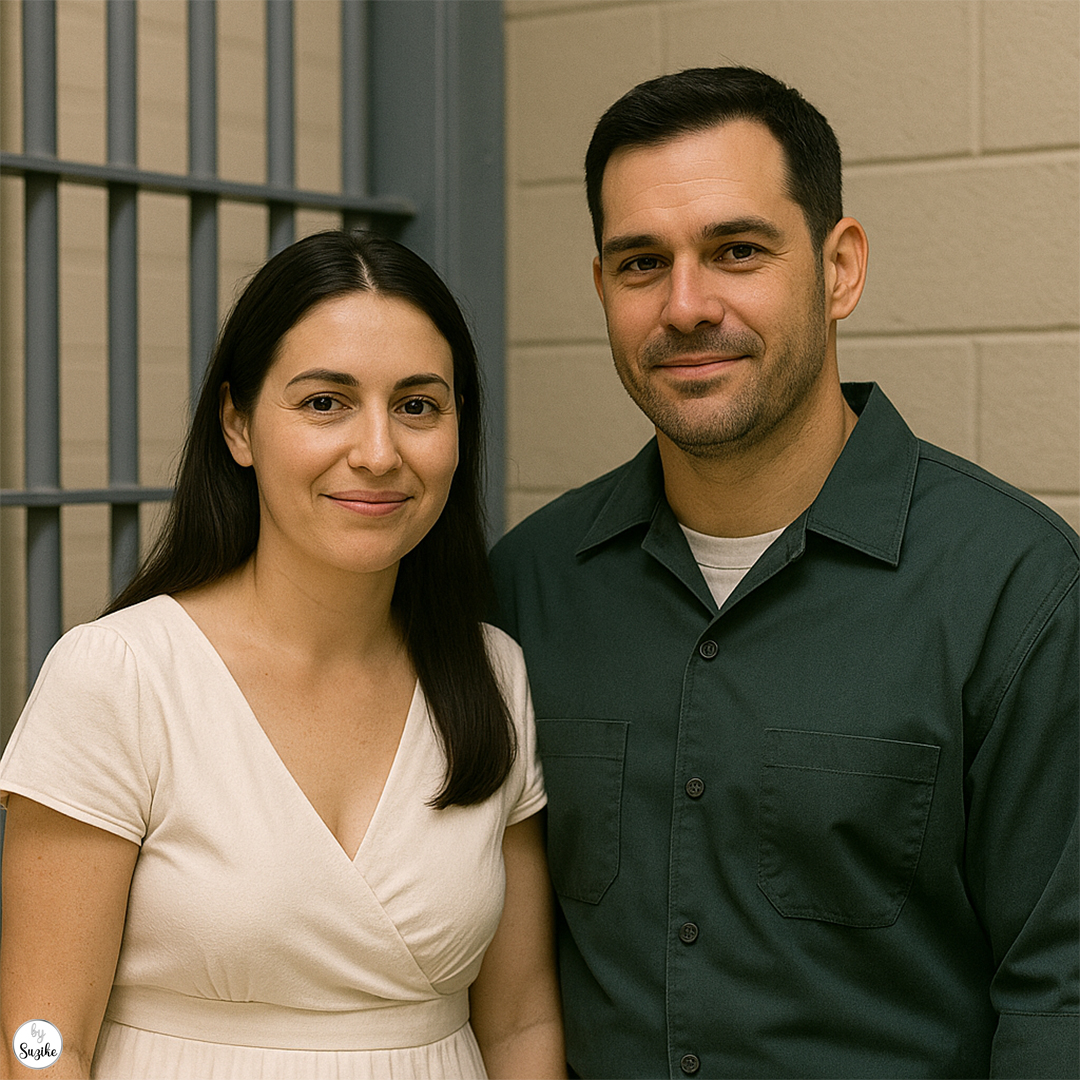A prison wives couple stands together in a visitation area, both smiling gently. The woman wears a white dress and the man is in a dark green prison uniform, showing the reality of prison wives facing difficult circumstances together.