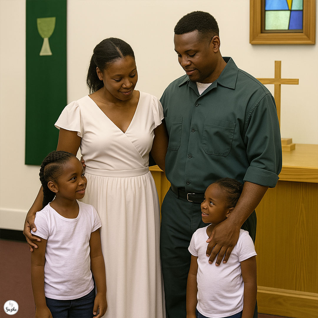 An African American prison wives family shares a moment in a prison chapel. The wife, husband in a prison uniform, and their two daughters illustrate the daily reality and strength of prison wives with children.