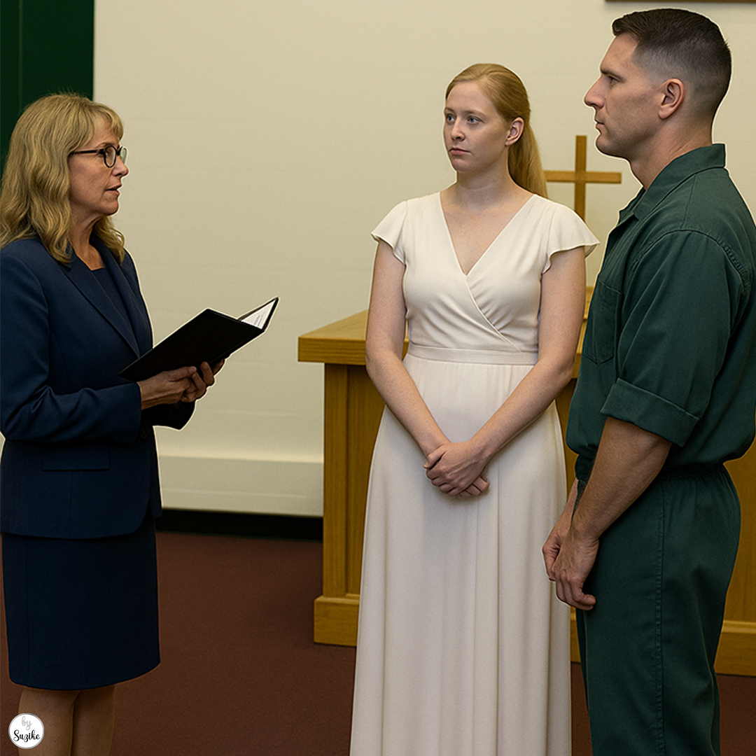 A prison wives wedding ceremony inside a prison chapel. The bride in a white dress and groom in a green uniform face a female officiant, highlighting the unique experiences of prison wives on their wedding day.