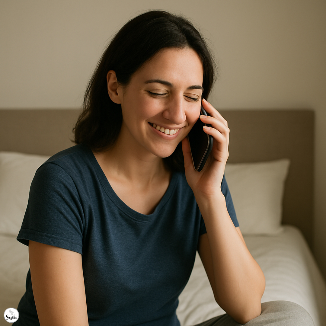 A prison wife sits on her bed, smiling as she talks on her phone with her partner in prison. This moment captures the importance of communication and emotional connection for prison wives.