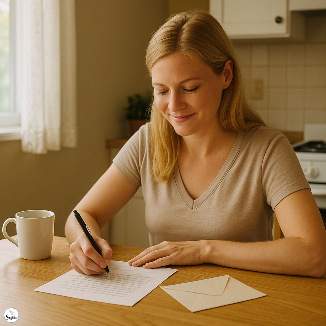 A blonde woman, representing prison wives, sits at a kitchen table writing a letter by hand to her partner in prison, symbolizing the routines and resilience found in prison wives’ daily lives.