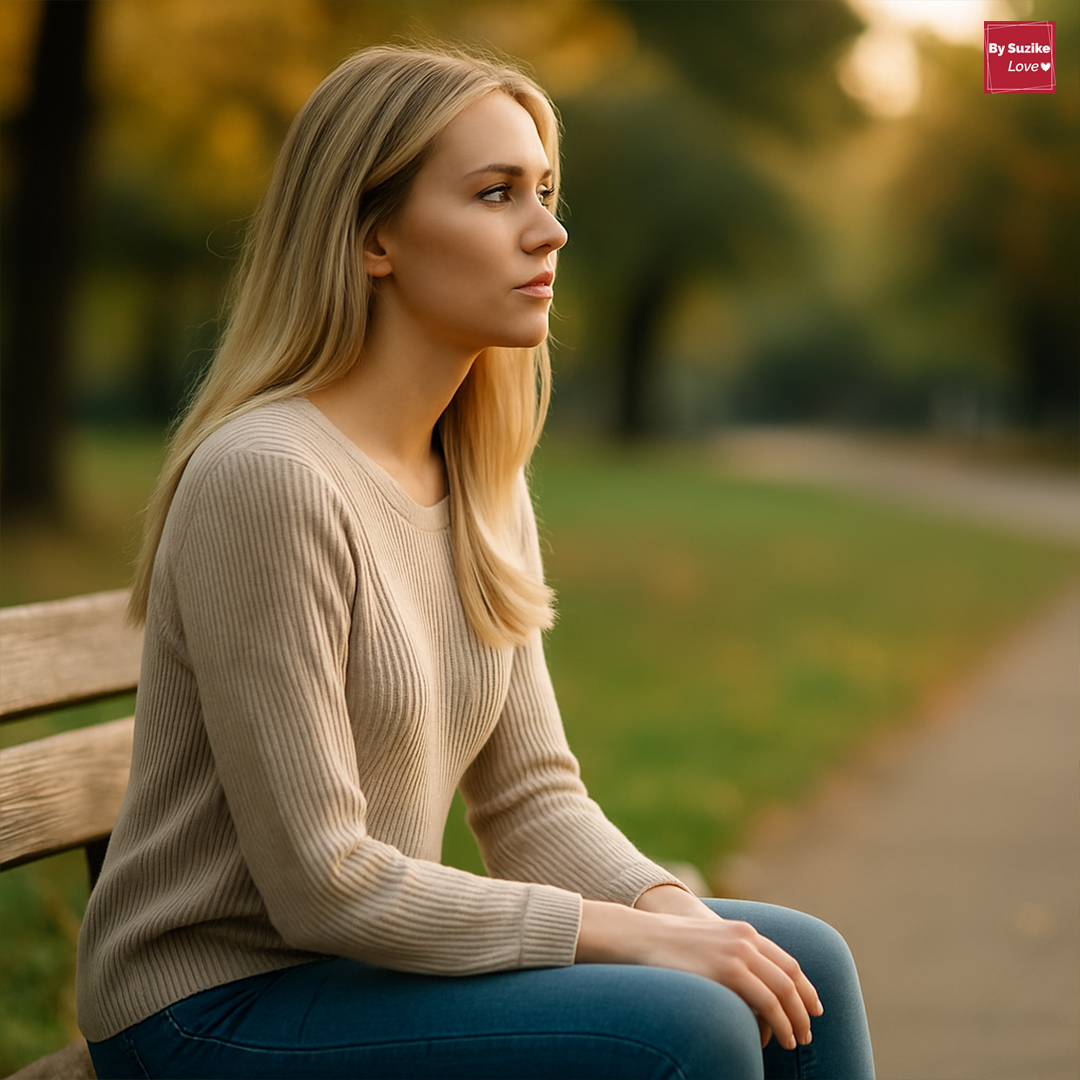 Mulher loira sentada de perfil num banco de jardim, com olhar pensativo, cenário tranquilo de final de tarde. Imagem para artigo sobre ghosting, relações e amor-próprio.