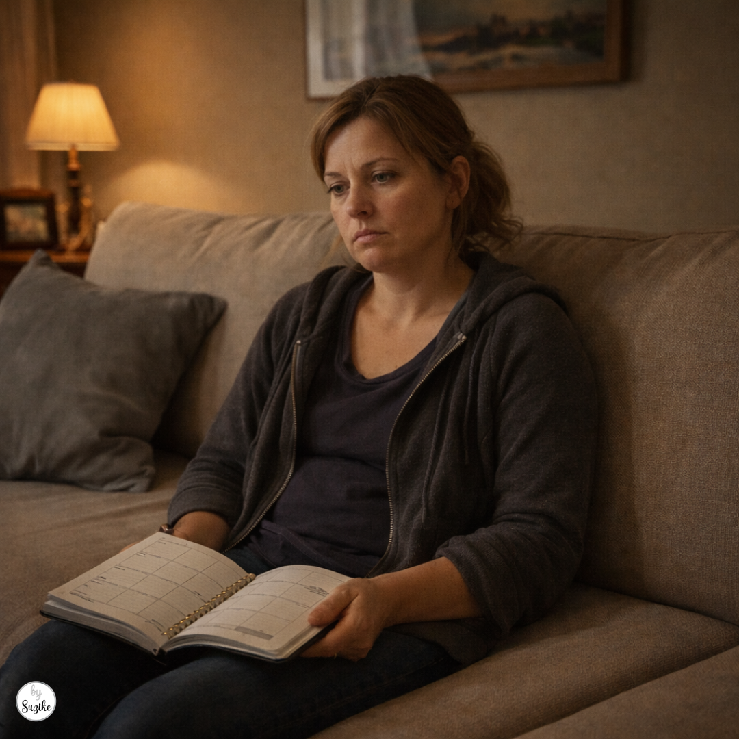 Woman sitting alone on a sofa with an open calendar, representing the daily reality of prison wives