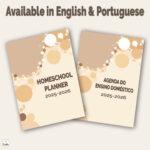 Homeschool planner 2025-2026 available in English and Portuguese, two minimalist beige covers side by side, perfect for family organization.