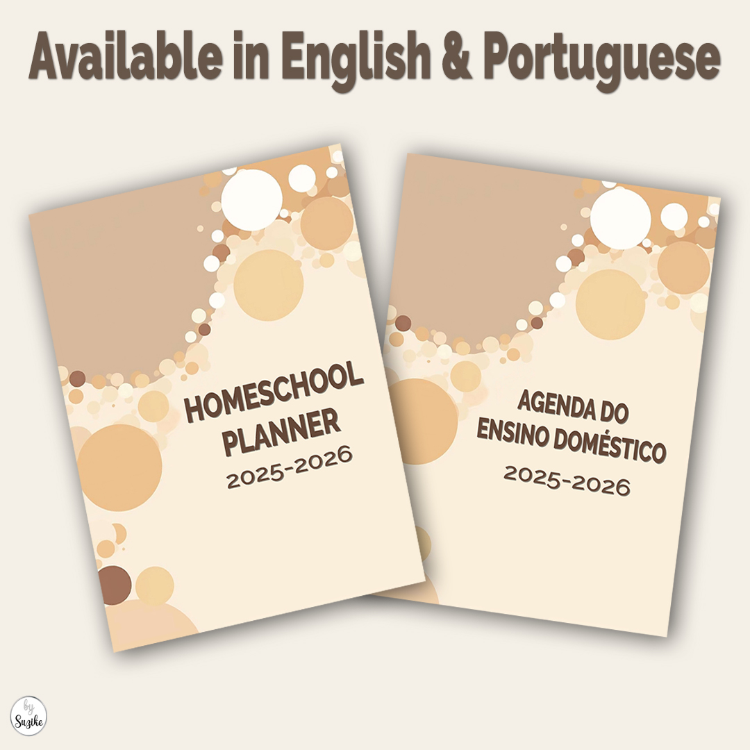 Homeschool planner 2025-2026 available in English and Portuguese, two minimalist beige covers side by side, perfect for family organization.