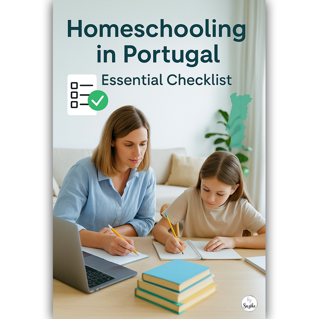 Mother and daughter studying together at a table with books, a laptop, and a checklist, in a bright, organized home environment — visual for "Homeschooling in Portugal Essential Checklist".