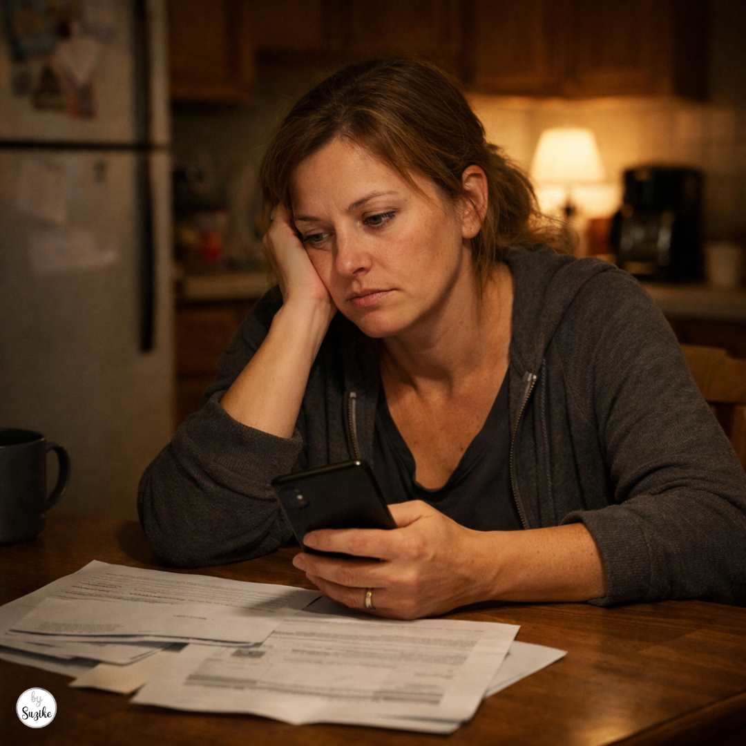 Woman sitting alone at a kitchen table at night with papers and a phone, showing the emotional weight of prison wives