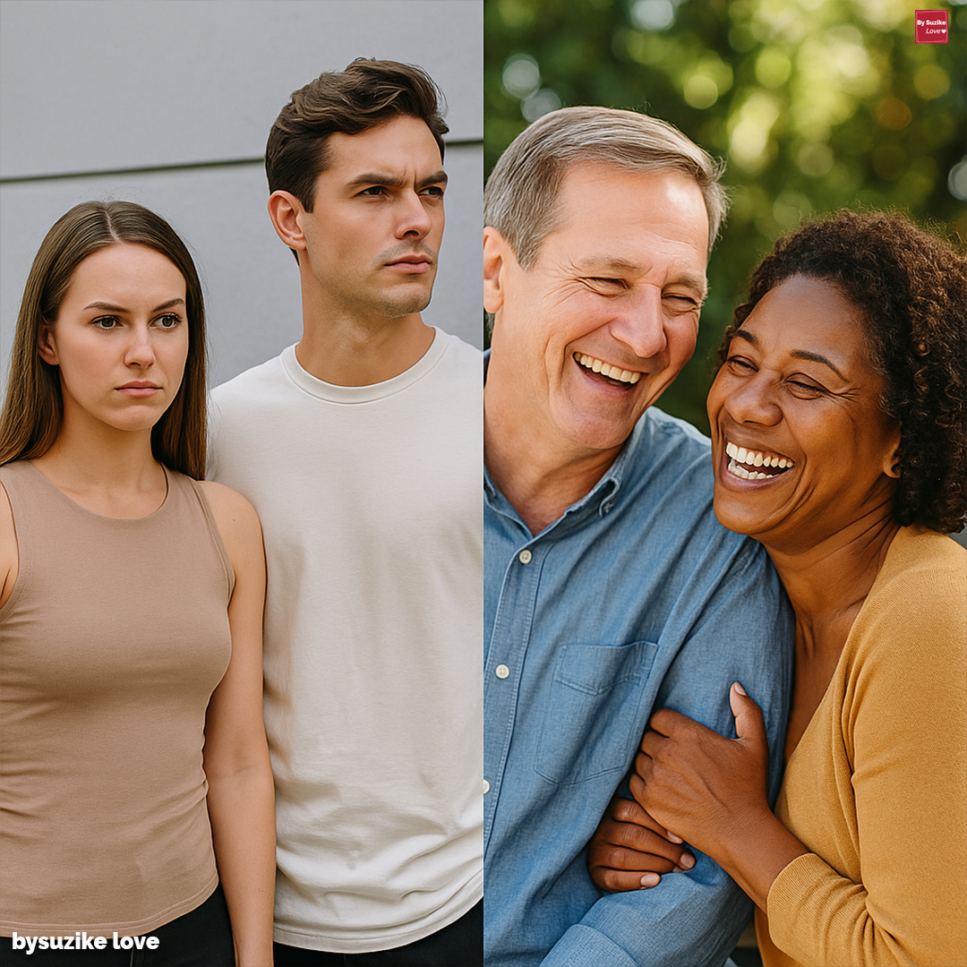 Dois casais lado a lado: um casal jovem e bonito, mas distante, e um casal mais velho, a rir juntos, ilustrando a importância da atração emocional vs atração física.