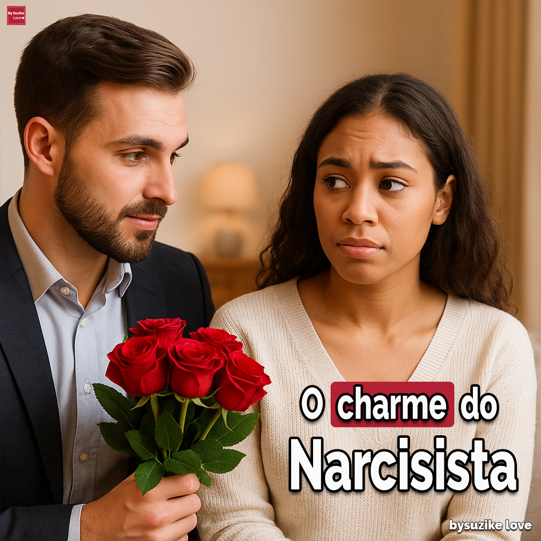 Homem branco oferece flores a uma mulher branca que sorri de forma desconfiada, representando o charme inicial ou “love bombing” de um homem narcisista.