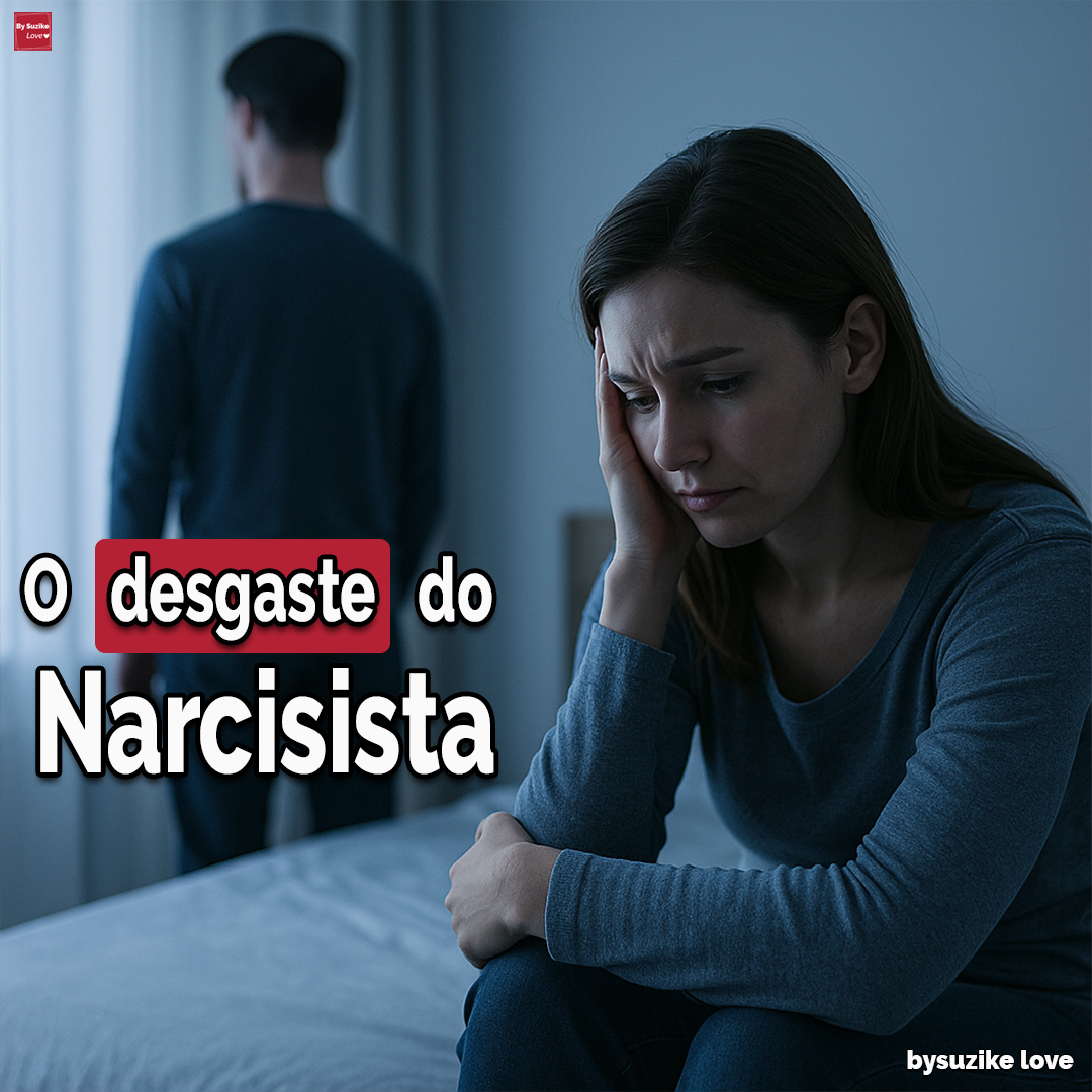 Mulher branca sentada na cama com expressão de tristeza, enquanto ao fundo um homem branco aparece de costas e distante, simbolizando o desgaste emocional causado por um homem narcisista.
