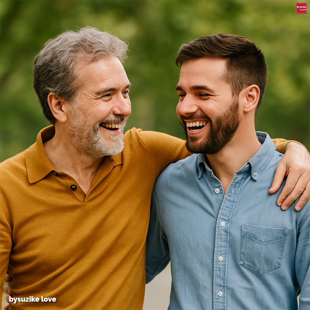Diferença de idade no amor: casal gay feliz, rindo juntos num passeio ao ar livre