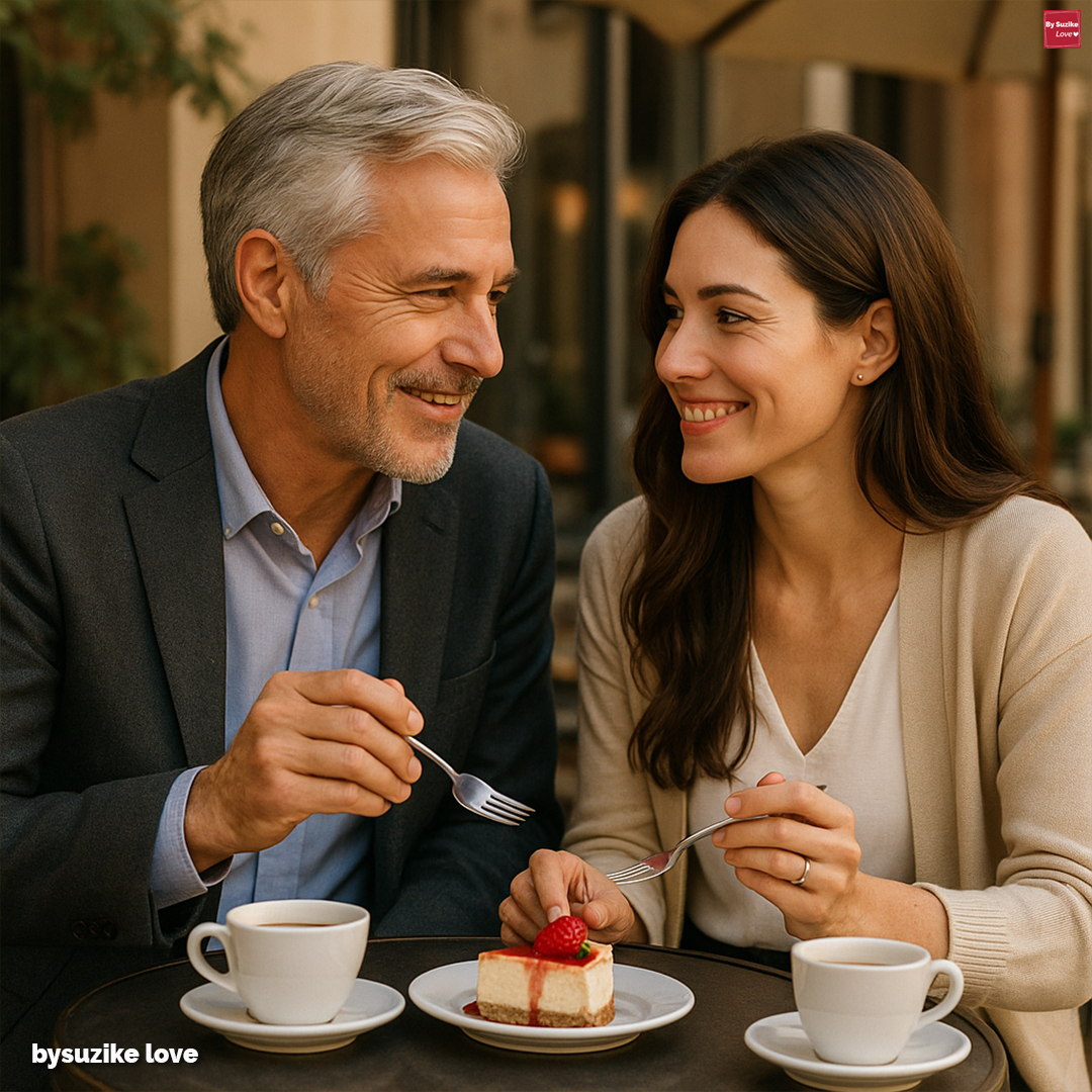 Diferença de idade no amor: casal feliz com idades diferentes, a sorrir e partilhar café ao ar livre
