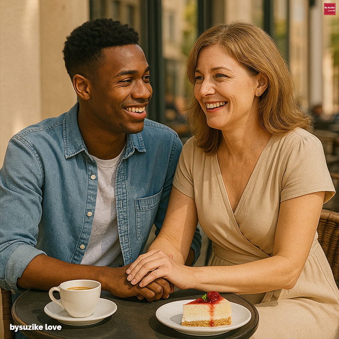 Diferença de idade no amor: mulher mais velha e homem mais novo a rir juntos num encontro romântico