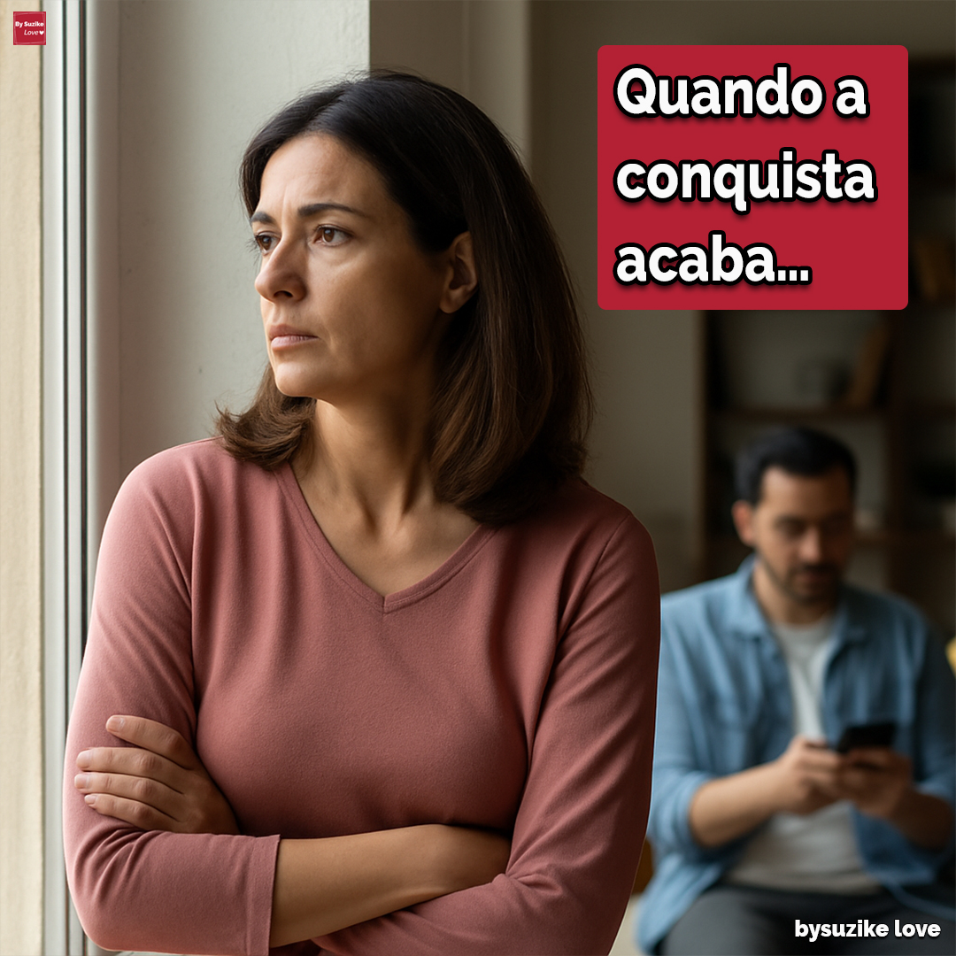 Ele mudou depois da conquista 3 Mulher a olhar pensativa pela janela enquanto o parceiro, ao fundo, está distraído, refletindo a solidão numa relação após a fase da conquista.