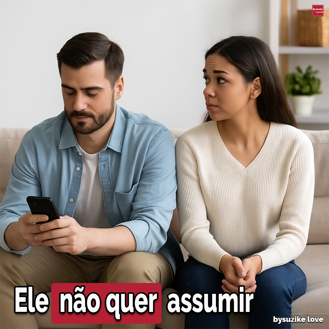 Ele nao assume mas nao larga 2 Casal branco sentado num sofá; o homem está distraído no telemóvel enquanto a mulher olha para ele com frustração, representando quando ele não quer compromisso.