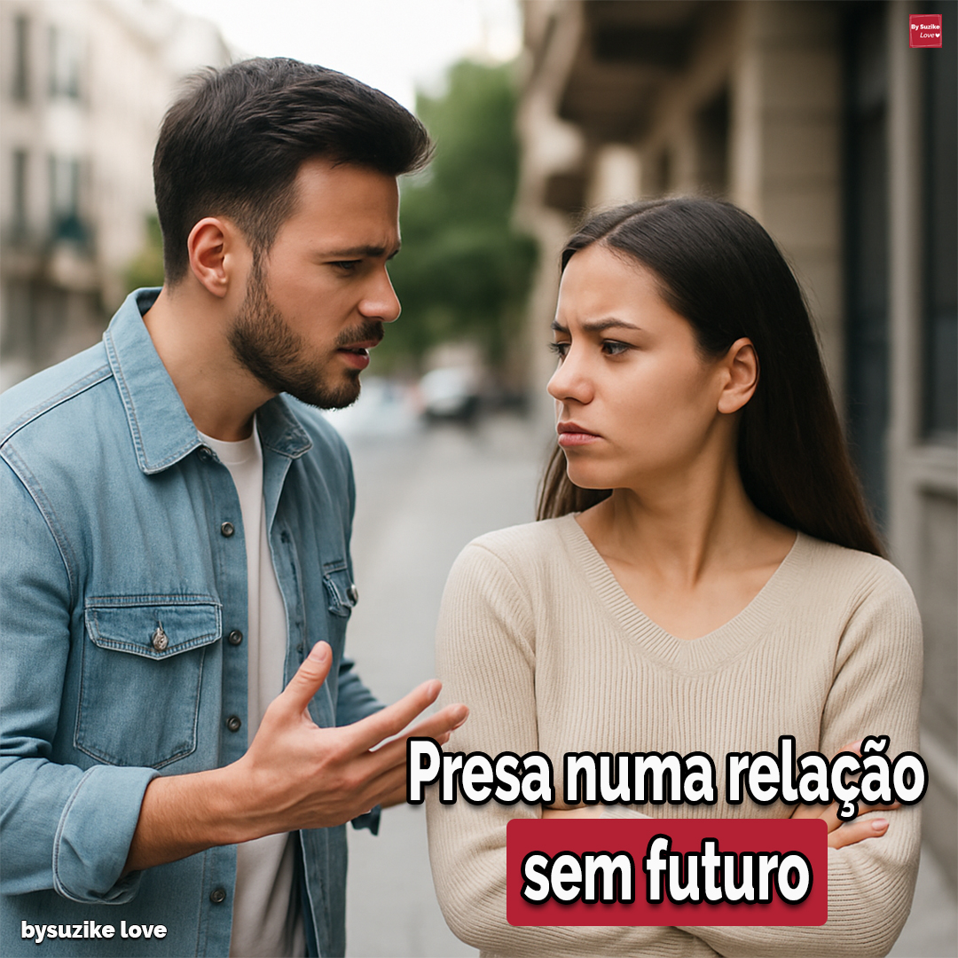 Ele nao assume mas nao larga 3 Mulher branca de pé perto de uma porta, com expressão triste e resignada, enquanto ao fundo um homem branco aparece de costas, simbolizando afastamento e falta de compromisso.