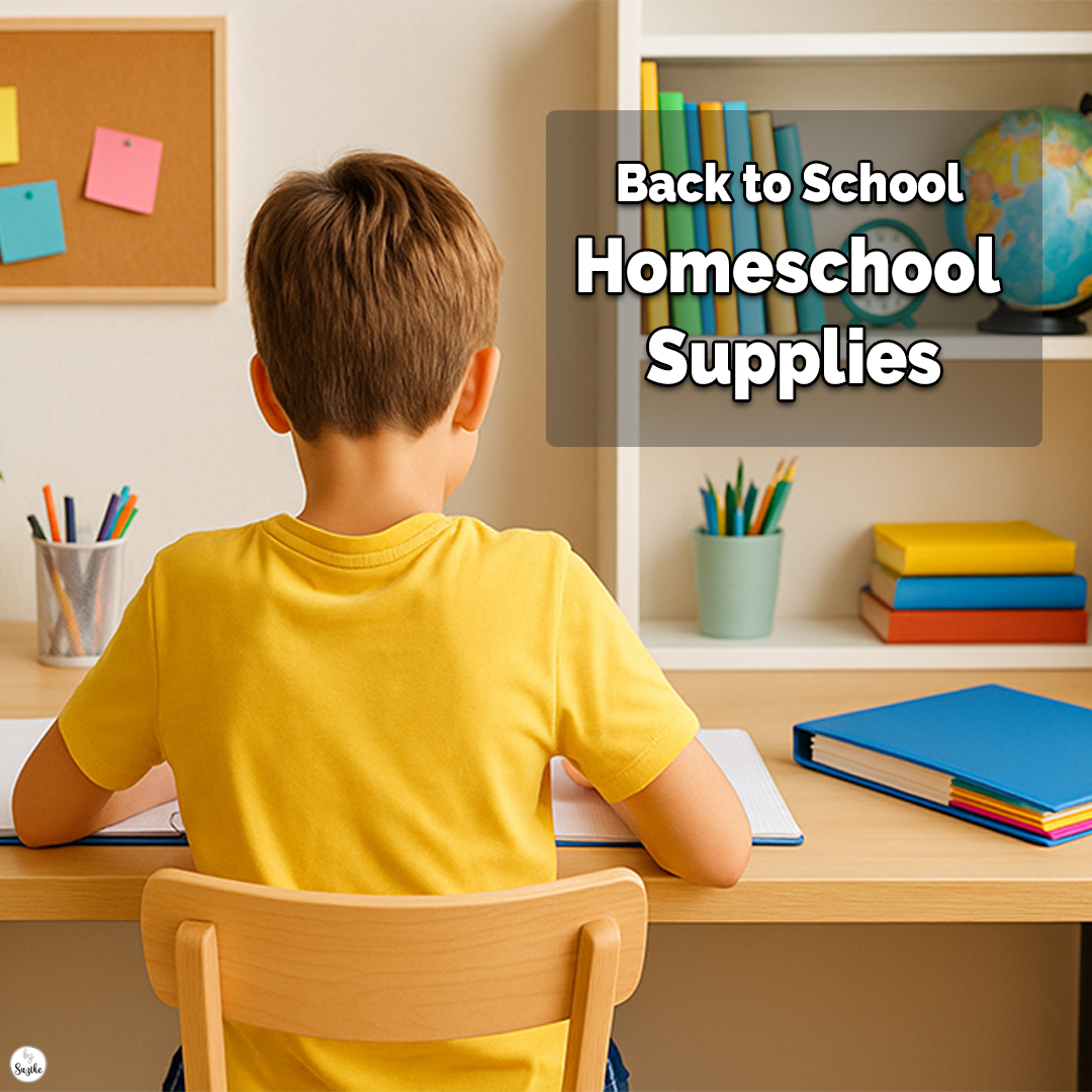 Back to school homeschool supplies — young student sitting at a study desk with binders, books, and colorful school materials.