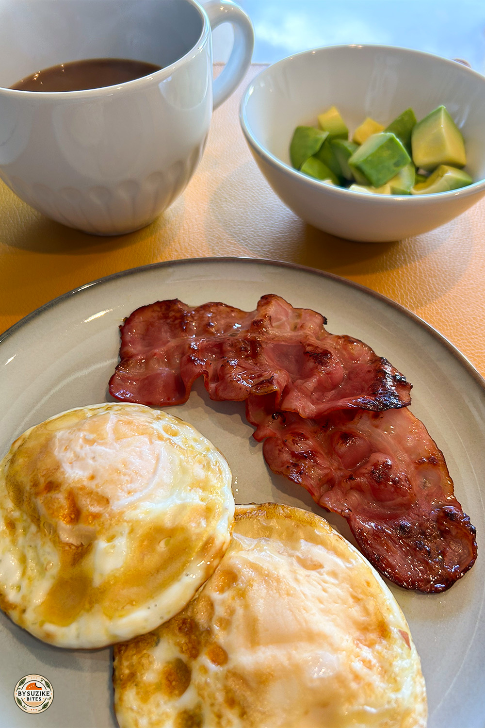Low carb breakfast with fried eggs, crispy bacon, avocado and coffee — healthy morning meal