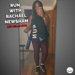 Woman in workout outfit smiling before her Les Mills Run session — text overlay says Run with Rachael Newsham.