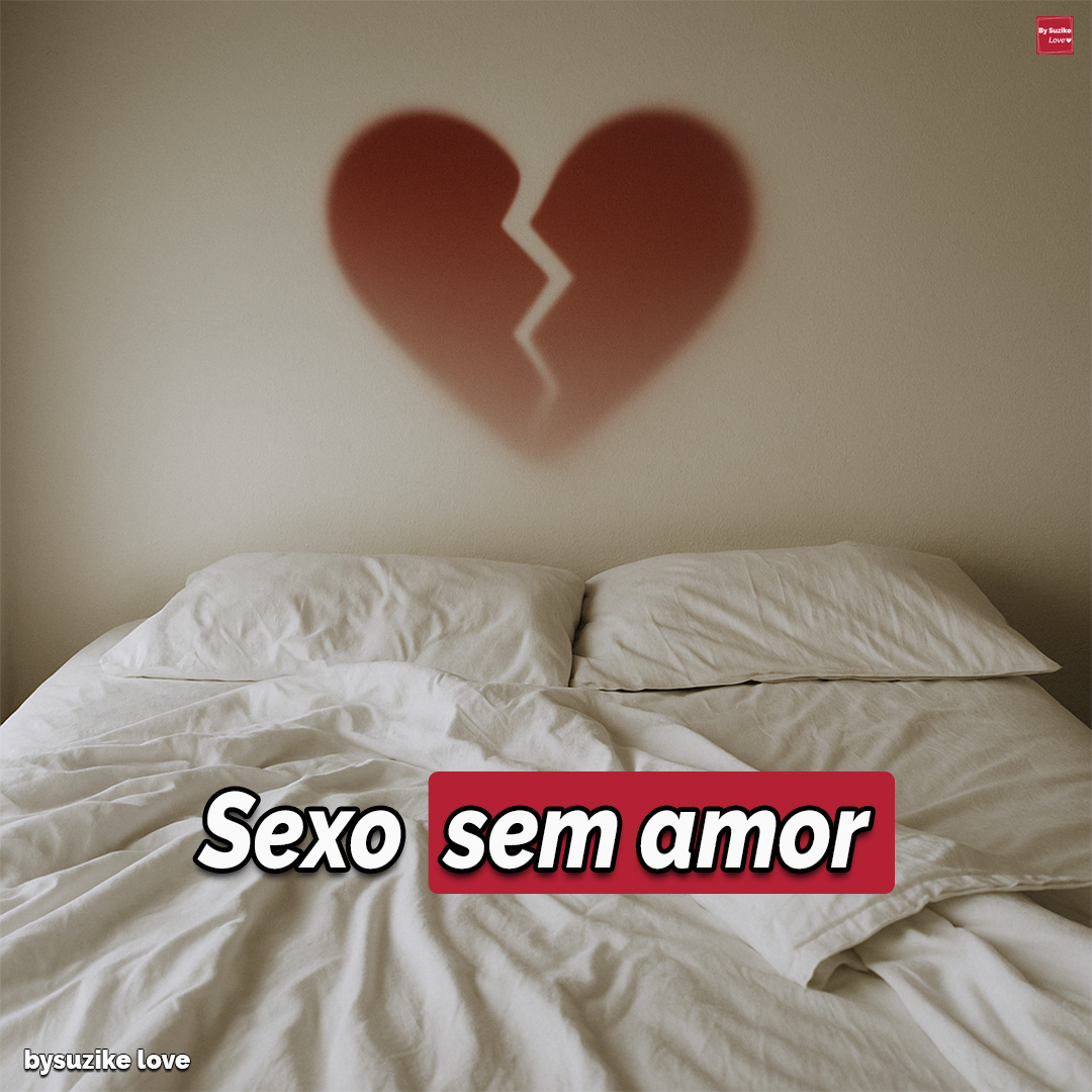 Cama desfeita com lençóis brancos e, na parede acima, um coração vermelho partido em fade, representando sexo sem amor e frustração emocional.