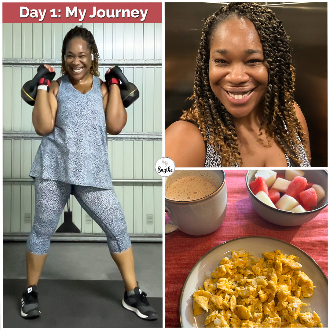 Thumbnail collage for Day 1 of my weight loss journey — showing a woman lifting kettlebells, smiling, and a healthy low carb breakfast with scrambled eggs, fruit and coffee.