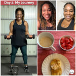Day 2 of my weight loss journey – collage showing a woman lifting dumbbells in a garage gym, two smiling selfies, and a healthy low carb breakfast with coffee, watermelon, and pancakes.