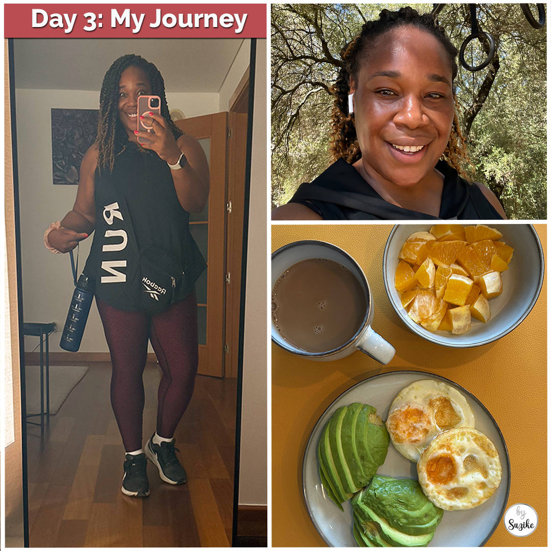 Weight-loss-journey day 3 collage showing fitness progress: woman in workout outfit with water bottle, healthy breakfast of eggs, avocado, fruit and coffee, and post-workout selfie outdoors.