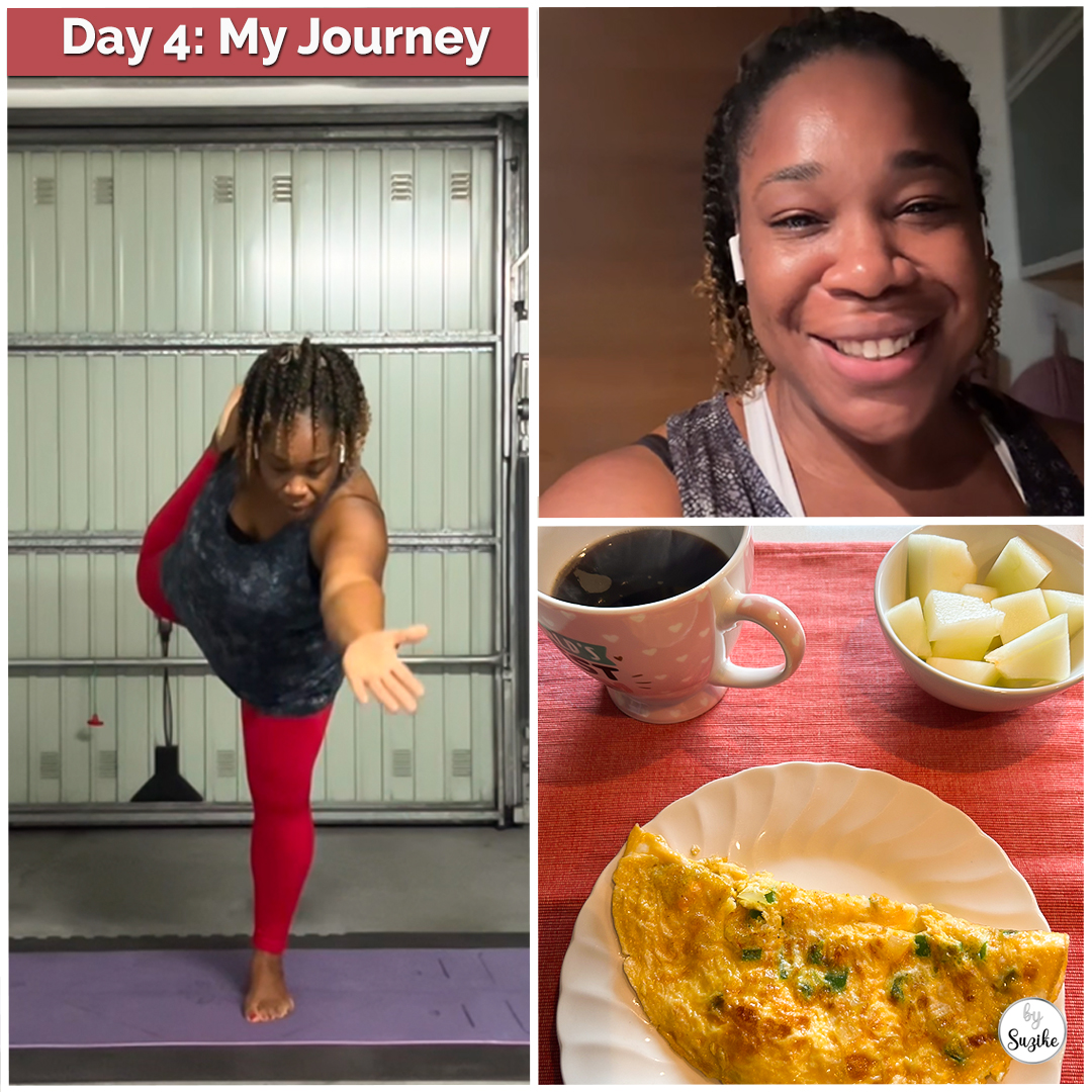 Day 4 of my weight loss journey — fitness training, healthy breakfast with omelette and fruit, and progress updates with a big smile.