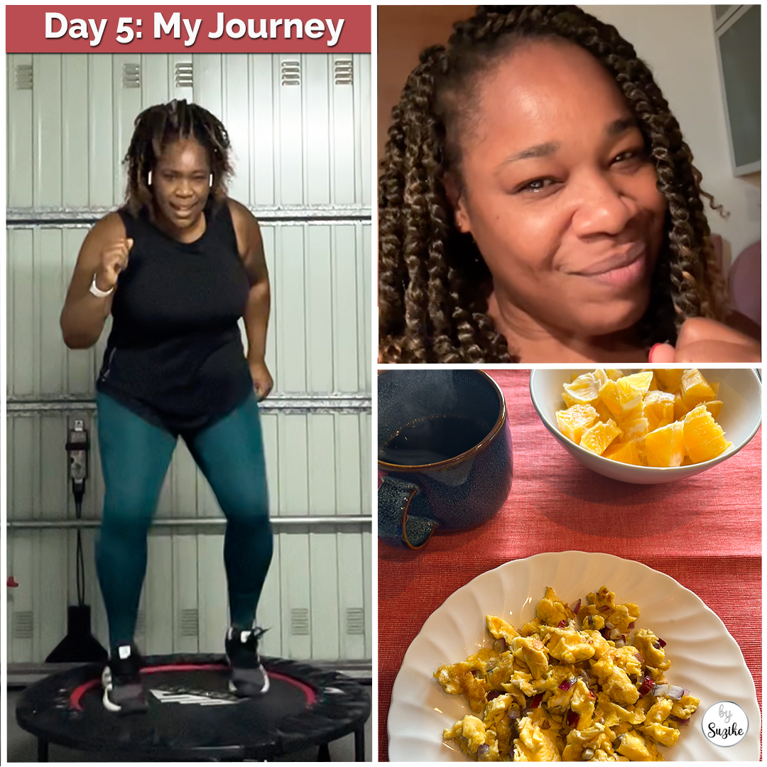 Day 5 of my weight loss journey – home workout on trampoline, healthy meal with scrambled eggs and orange, and proud selfie after training.