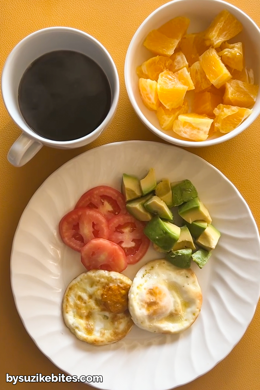 Weight loss journey day 6 – low carb breakfast with fried eggs, avocado, tomato, orange and black coffee