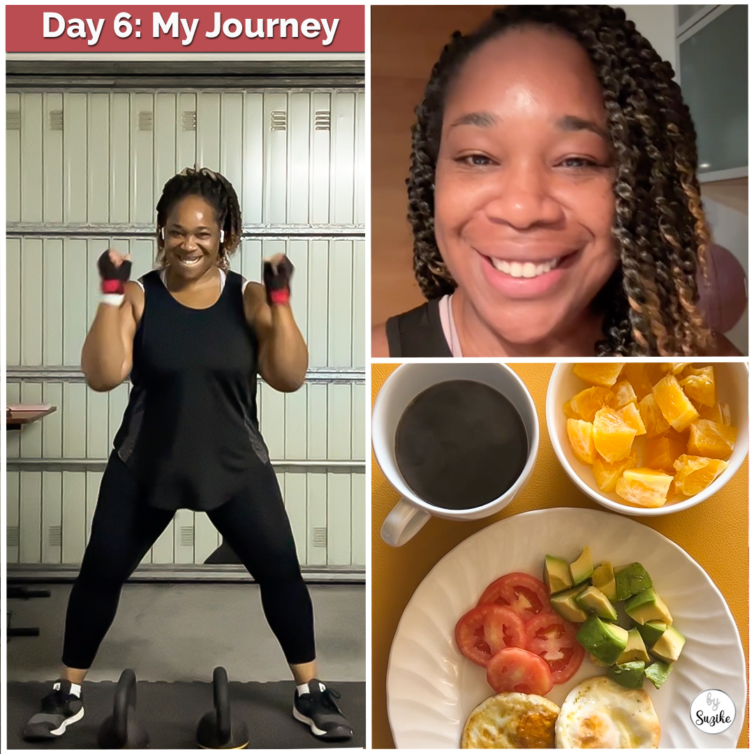 Weight loss journey day 6 – workout at home with dumbbells, post-workout selfie and low carb breakfast with eggs, avocado, tomato, orange and coffee