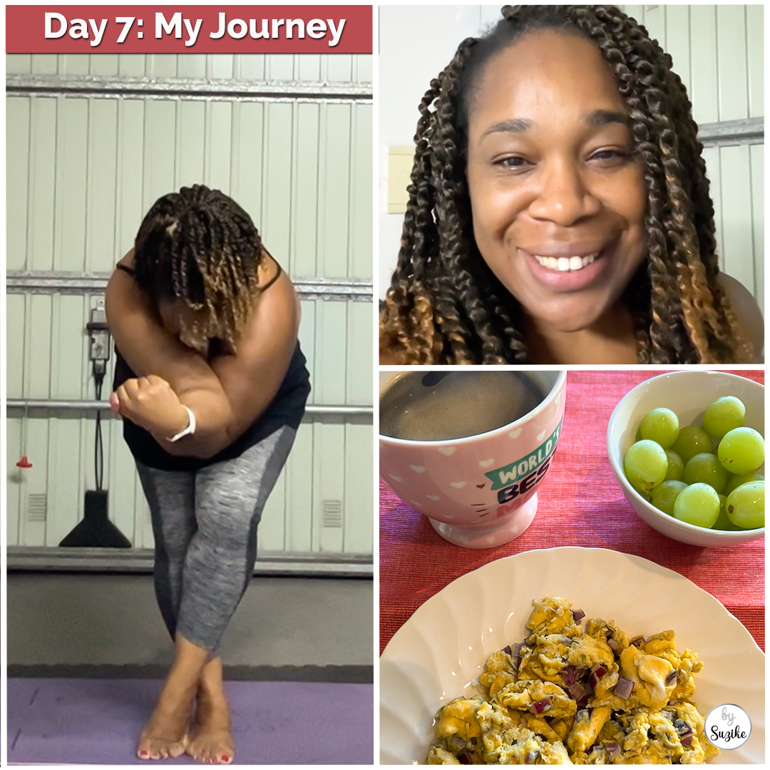 Day 7 of my weight loss journey thumbnail showing workout pose, smiling selfie, and breakfast plate with scrambled eggs, grapes and coffee
