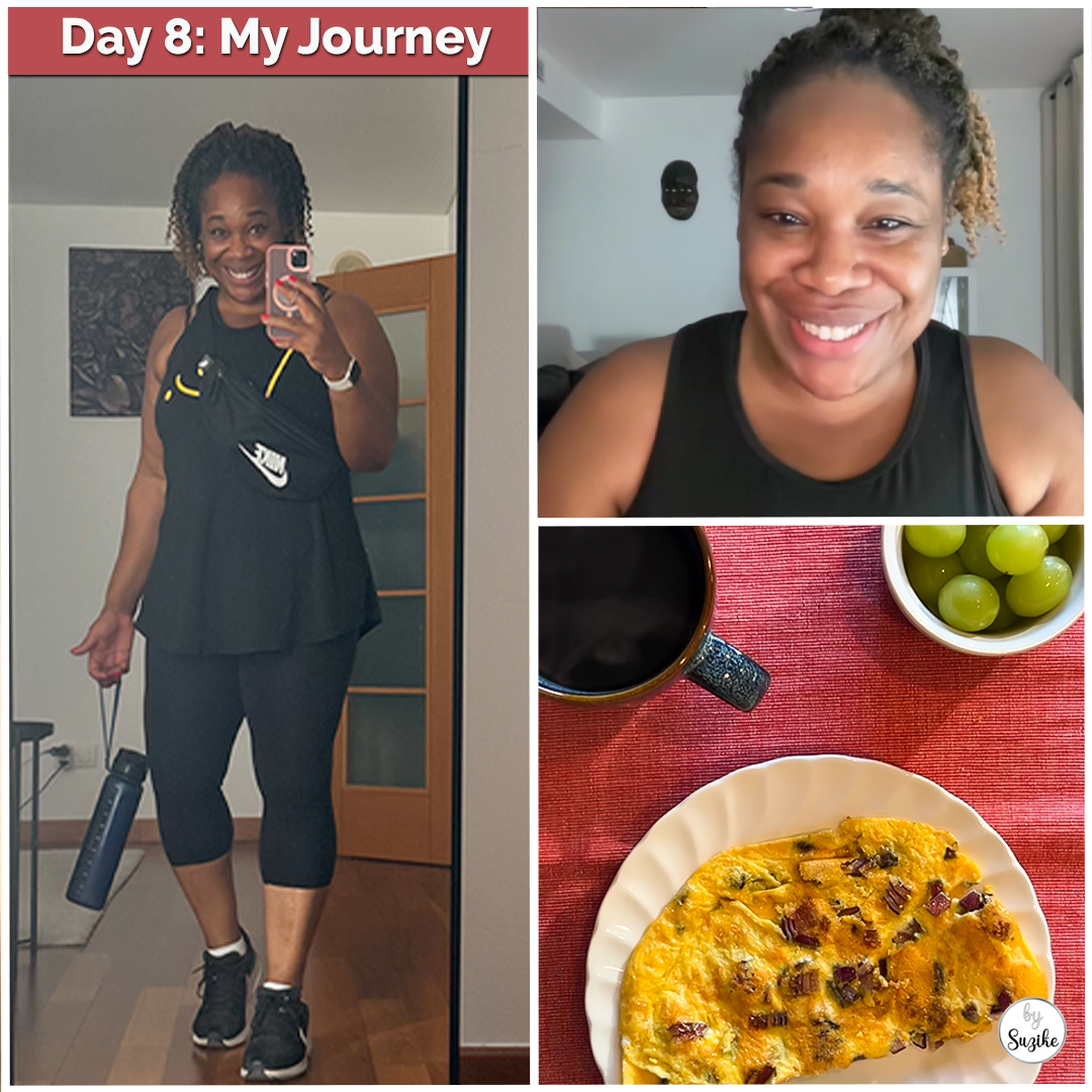 Day 8 of my weight loss journey: full-body workout at home, healthy breakfast with omelette, grapes and coffee, and post-workout selfie smiling