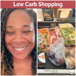 Low carb grocery shopping haul showing healthy food choices like oranges, vegetables, eggs, and low carb snacks, with Suzike smiling beside the groceries.