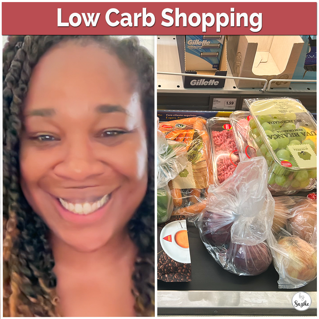Low carb grocery shopping haul showing healthy food choices like oranges, vegetables, eggs, and low carb snacks, with Suzike smiling beside the groceries.