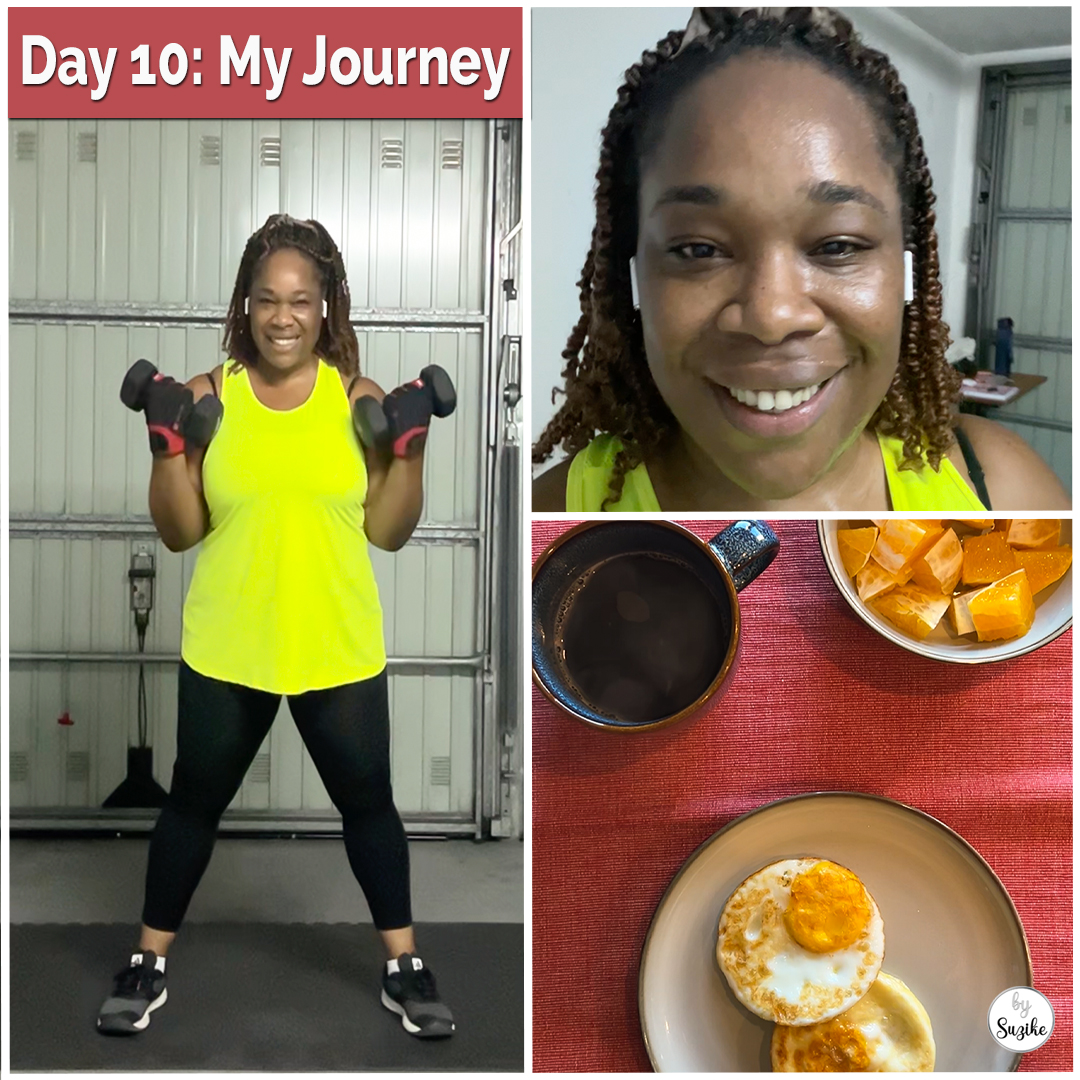 Collage showing Day 10 of my weight loss journey with a home workout using dumbbells, a smiling post-workout selfie, and a healthy breakfast of eggs, coffee, and papaya on a red placemat.