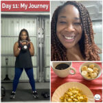 Weight loss journey collage: woman training with a 16 kg kettlebell, smiling after her workout, and a healthy breakfast with scrambled eggs, banana slices, and black coffee on a red tablecloth.