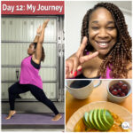 Weight loss journey collage: woman practicing yoga in a warrior pose, smiling confidently after her workout, and a healthy breakfast with avocado omelet, black coffee, and grapes on a yellow background.
