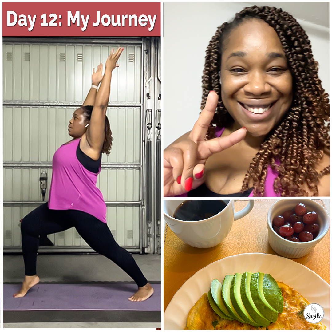 Weight loss journey collage: woman practicing yoga in a warrior pose, smiling confidently after her workout, and a healthy breakfast with avocado omelet, black coffee, and grapes on a yellow background.