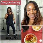 Weight loss journey collage: woman smiling after her kettlebell workout, standing confidently in her home gym wearing black fitness clothes, and a healthy breakfast.